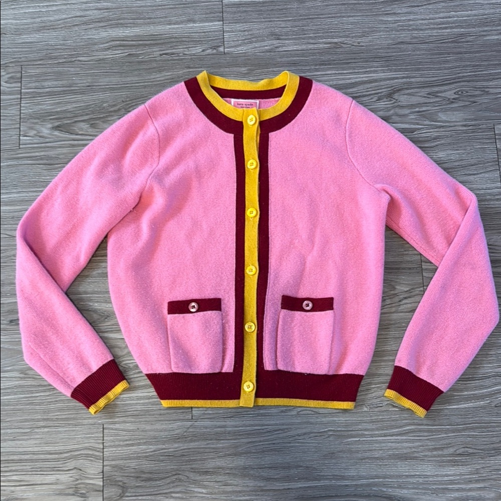 Kate Spade Pink Cardigan with Yellow and Burgundy Trim 100% Cashmere